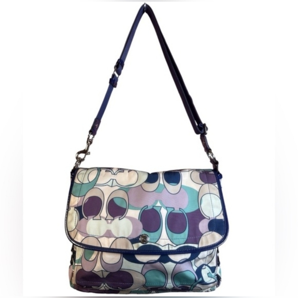 SOLD Coach Sig Print Crossbody Messenger Bag Blue Purple Teal w/Coach Scarf